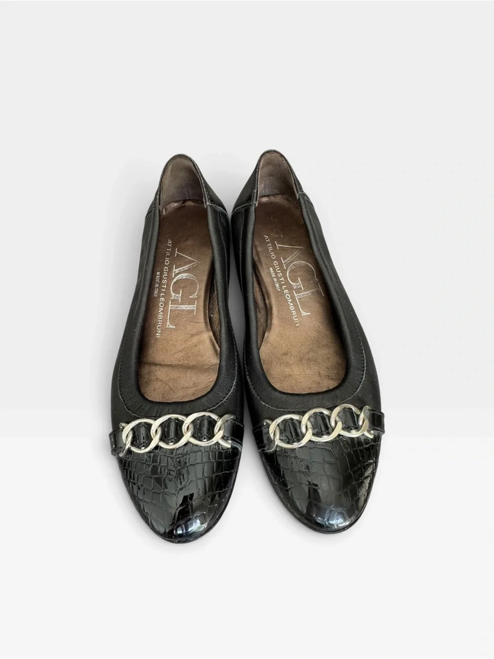 AGL Attilio Giusti Leombruni Black Leather Ballet Flats Size 36 Italy Chain Croc
